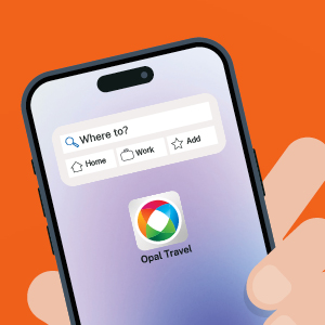 Opal Travel app on smartphone showing Trip Planner search bar with options for favourite trips like Home and Work