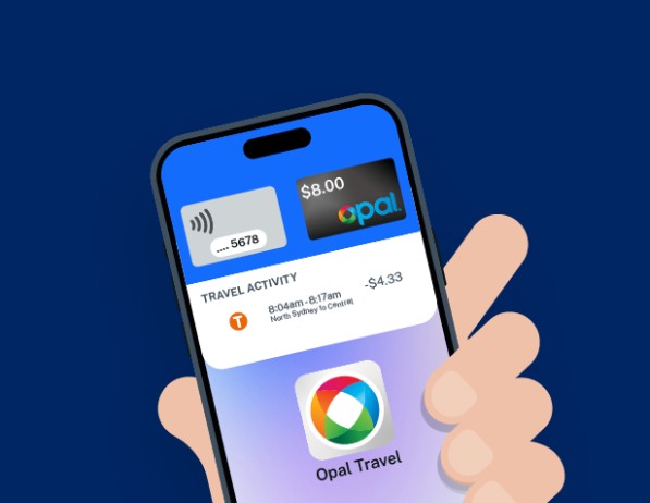 Opal Travel app on smartphone showing Opal card balance and recent travel activity