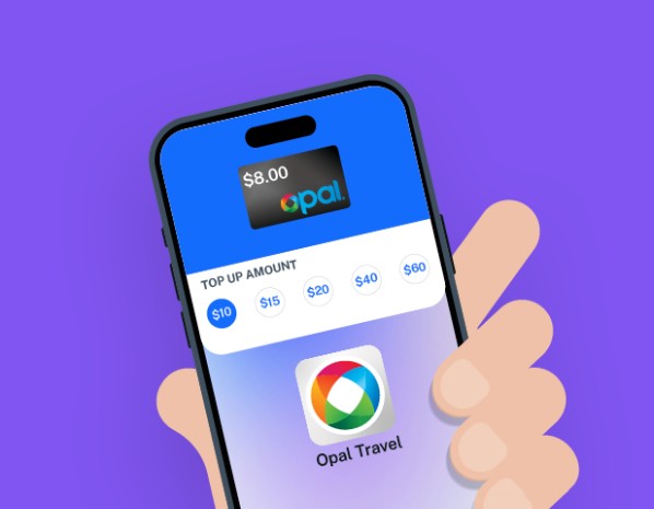 Opal Travel app on smartphone showing top-up options