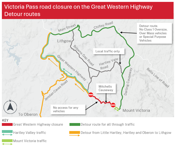Victoria Pass detour map vis Chifley Rd and Darling Causeway