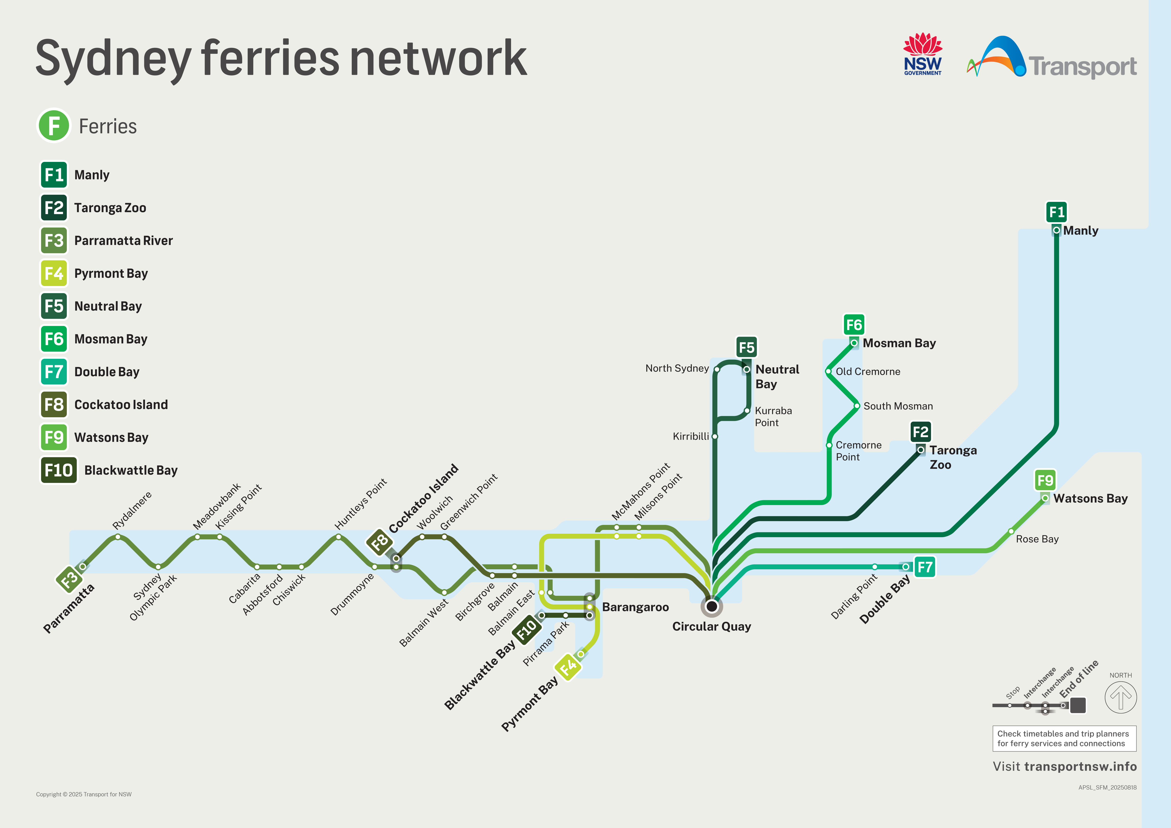 Map of the Sydney Ferries network that may be affected by industrial action including stops on the F1 Manly, F2 Taronga Zoo, F3 Parramatta River, F4 Pyrmont Bay, F5 Neutral Bay, F6 Mosman Bay, F7 Double Bay, F8 Cockatoo Island, F9 Watsons Bay, and F10 Blackwattle Bay routes.