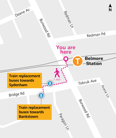 Belmore train replacement bus stop map
