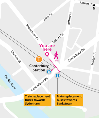 Canterbury train replacement bus stop map