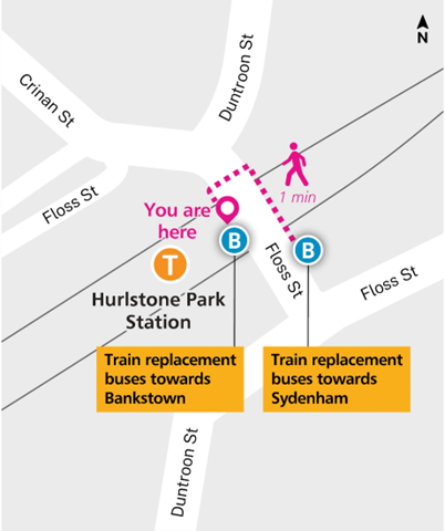 Hurlestone Park train replacement bus stop map