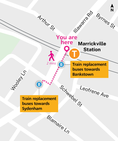 Marrickville train replacement stop map