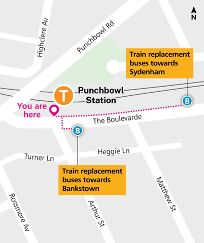 Punchbowl train replacement bus stop map