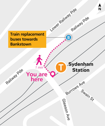 Sydenham map of train replacement bus stop location