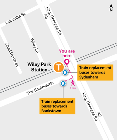 Wiley Park train replacement bus stop map