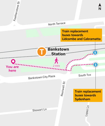 T3 Bankstown line replacement bus stop map
