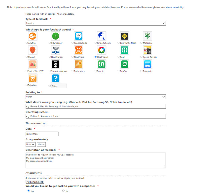 Screenshot of form completed with request to close opal account