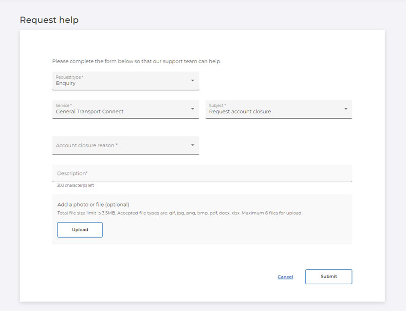 Screenshot of Transport Connect form to Request Help