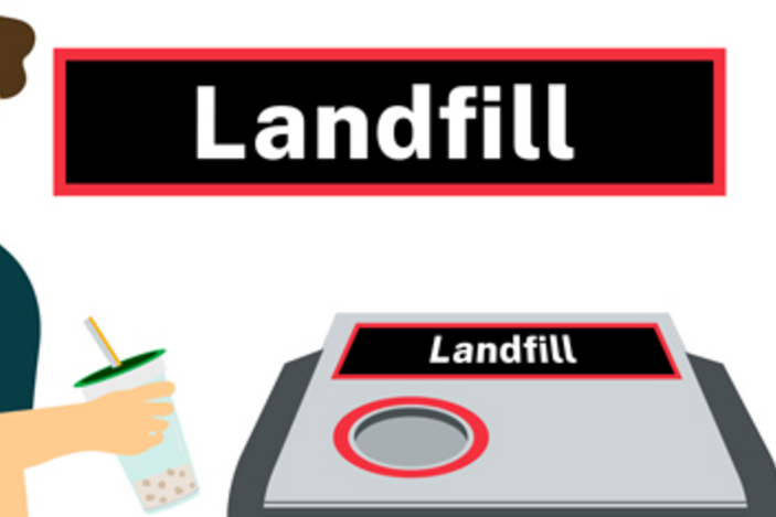 Illustration of a man putting a soda cup in a landfill bin