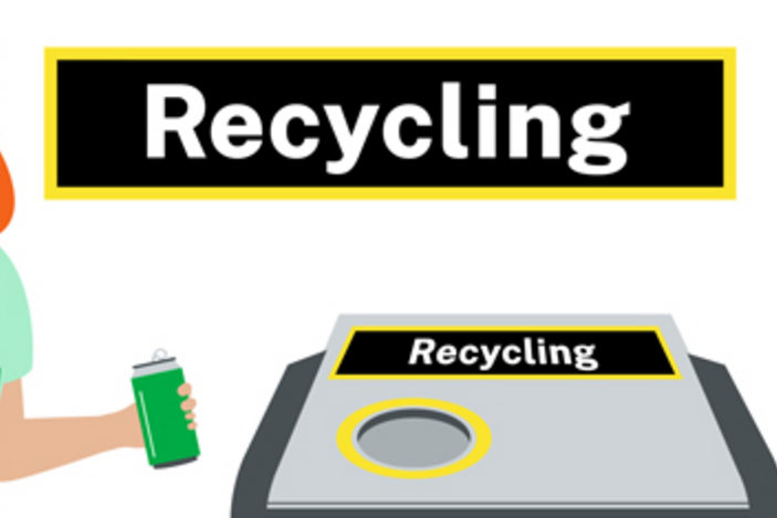 Illustration of a woman putting a can in a recycling bin