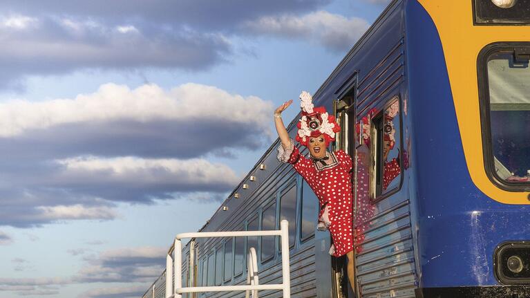 Silver Stiletto train to Broken Heel Festival with Maude Boat outside drivers cab