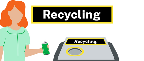 Illustration of a woman putting a can in a recycling bin