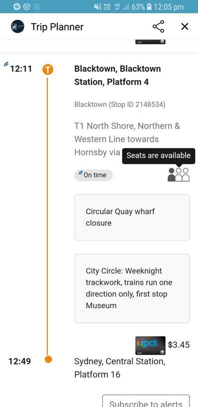 Screenshot from mobile phone of transport app indicating seat availability